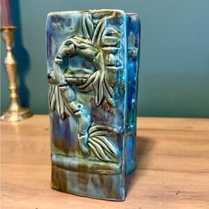 International Bazaar Green Glazed Bamboo Vase | Rectangular Ceramic Tropical